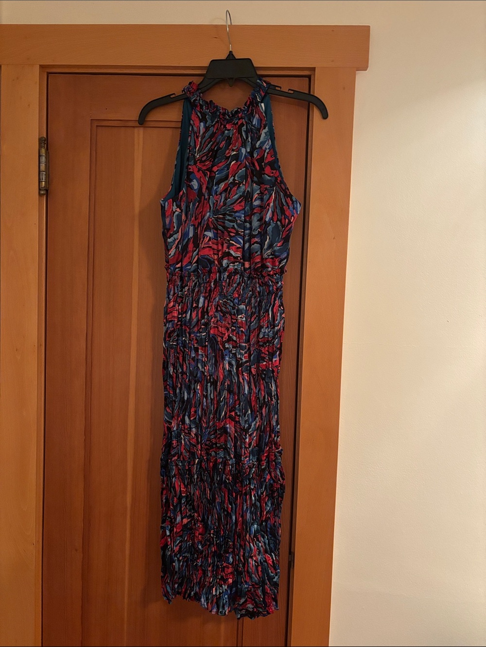 Nicole Miller Halter Maxi Dress in Blue and Red Abstract Print